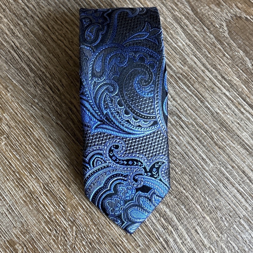 Bruno Piattelli Tie Silk Blue Gray Black Paisley 2.25" 56" Long